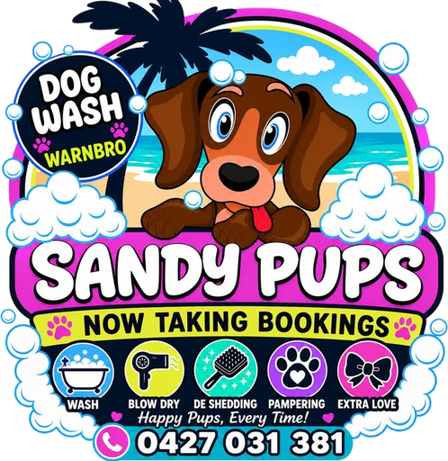 Sandy Pups Dog Wash badge: a cartoon dachshund on the beach